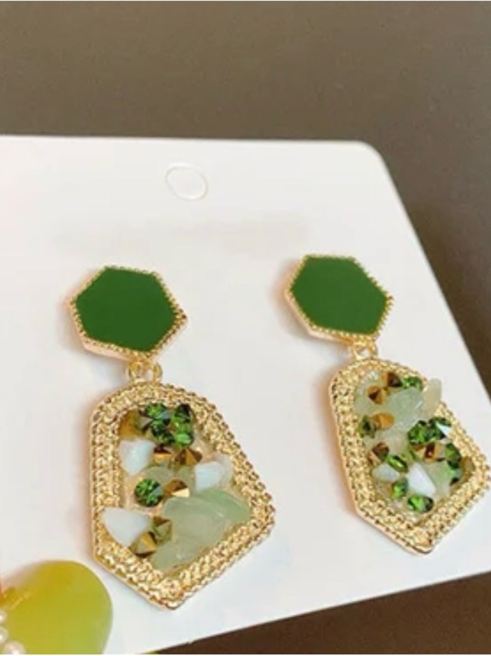 Gold-Tone Drop Earrings with Green Hexagon Studs and Crystal Accents